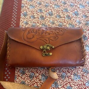 Handcrafted Brown Leather Clutch with Floral Embossing